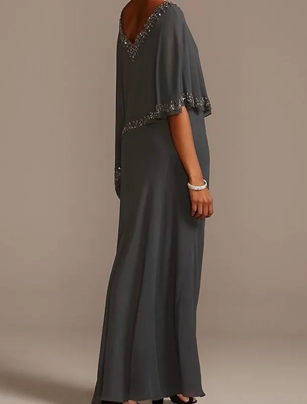 Sheath Mother of the Bride Dress Wedding Guest Elegant V Neck Floor Length Chiffon Half Sleeve with Beading free custom size