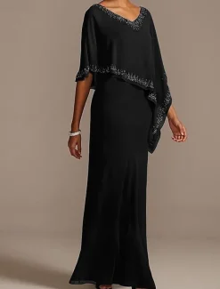 Sheath Mother of the Bride Dress Wedding Guest Elegant V Neck Floor Length Chiffon Half Sleeve with Beading free custom size