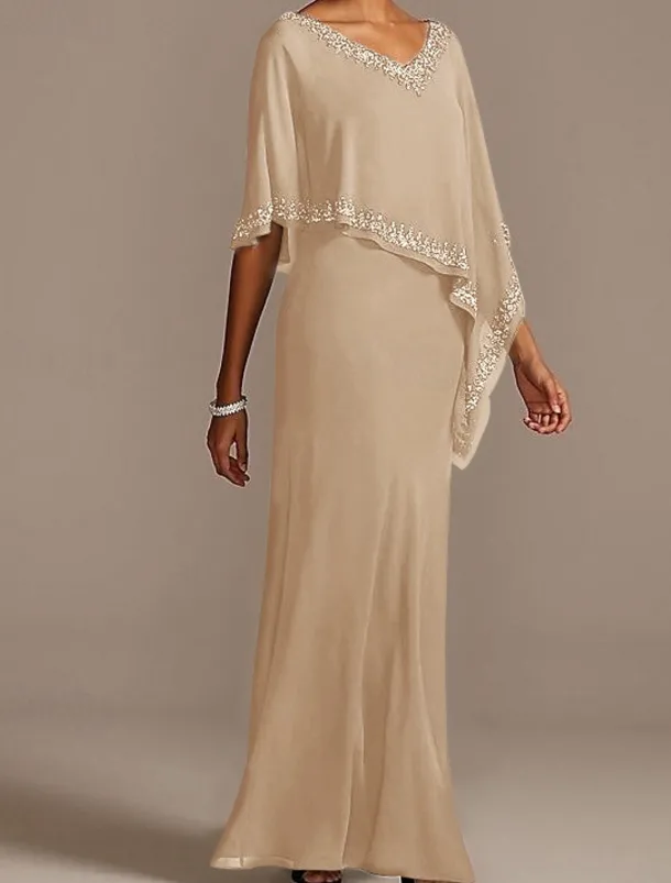 Sheath Mother of the Bride Dress Wedding Guest Elegant V Neck Floor Length Chiffon Half Sleeve with Beading free custom size