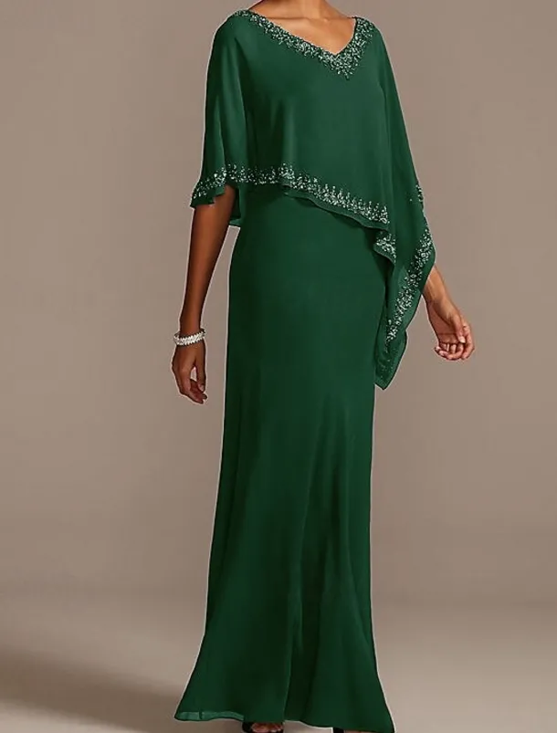 Sheath Mother of the Bride Dress Wedding Guest Elegant V Neck Floor Length Chiffon Half Sleeve with Beading free custom size