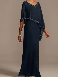Sheath Mother of the Bride Dress Wedding Guest Elegant V Neck Floor Length Chiffon Half Sleeve with Beading free custom size