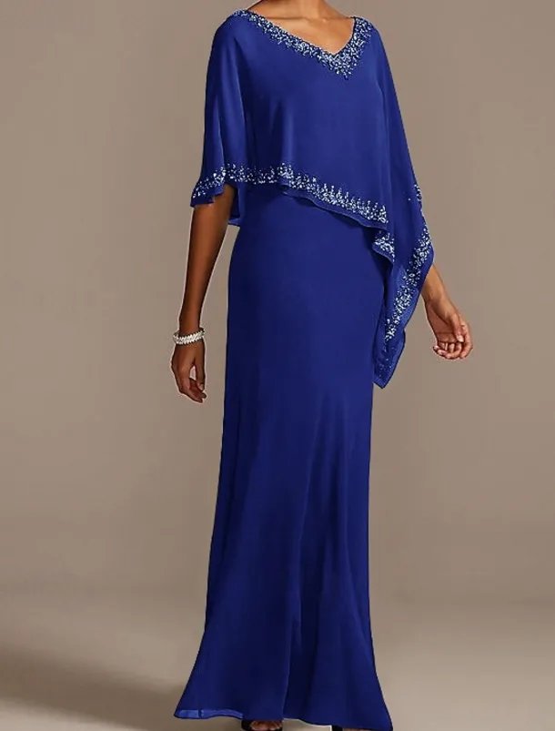 Sheath Mother of the Bride Dress Wedding Guest Elegant V Neck Floor Length Chiffon Half Sleeve with Beading free custom size