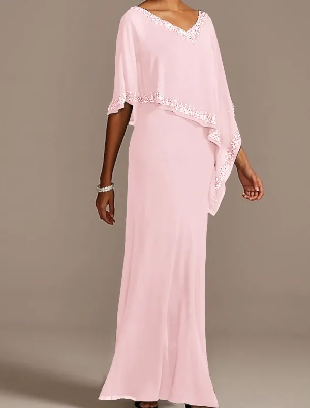 Sheath Mother of the Bride Dress Wedding Guest Elegant V Neck Floor Length Chiffon Half Sleeve with Beading free custom size