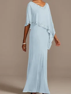 Sheath Mother of the Bride Dress Wedding Guest Elegant V Neck Floor Length Chiffon Half Sleeve with Beading free custom size