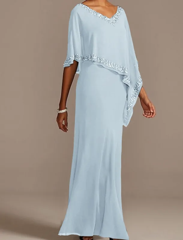Sheath Mother of the Bride Dress Wedding Guest Elegant V Neck Floor Length Chiffon Half Sleeve with Beading free custom size