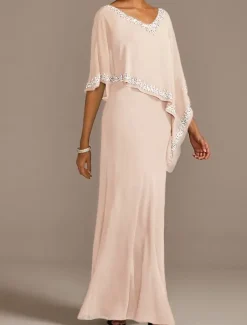 Sheath Mother of the Bride Dress Wedding Guest Elegant V Neck Floor Length Chiffon Half Sleeve with Beading free custom size
