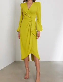 Sheath Wedding Guest Dresses Elegant Dress Formal Cocktail Party Tea Length Long Sleeve V Neck Stretch Chiffon with Ruched