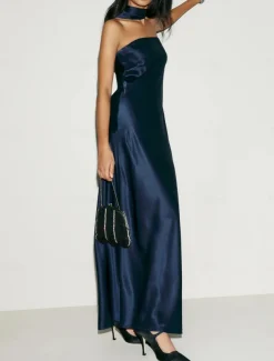 Sheath Wedding Guest Dresses Elegant Dress Formal Black Tie Floor Length Sleeveless Strapless Charmeuse with Strappy