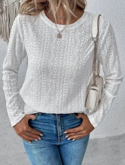 Shirt Blouse Eyelet top Women's White Pink Purple Solid Color Cut Out Street Daily Fashion Round Neck S