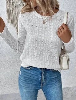 Shirt Blouse Eyelet top Women's White Pink Purple Solid Color Cut Out Street Daily Fashion Round Neck S