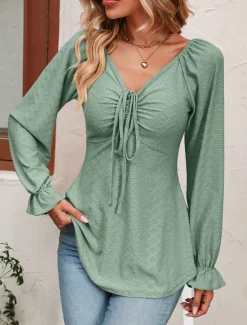 Shirt Blouse Women's Black White Pink Solid / Plain Color Lace up Valentine's Day Daily Fashion V Neck Regular Fit S