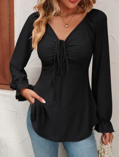 Shirt Blouse Women's Black White Pink Solid / Plain Color Lace up Valentine's Day Daily Fashion V Neck Regular Fit S