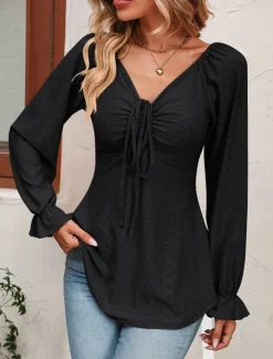 Shirt Blouse Women's Black White Pink Solid / Plain Color Lace up Valentine's Day Daily Fashion V Neck Regular Fit S