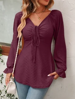 Shirt Blouse Women's Black White Pink Solid / Plain Color Lace up Valentine's Day Daily Fashion V Neck Regular Fit S