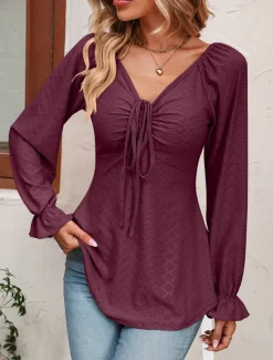 Shirt Blouse Women's Black White Pink Solid / Plain Color Lace up Valentine's Day Daily Fashion V Neck Regular Fit S