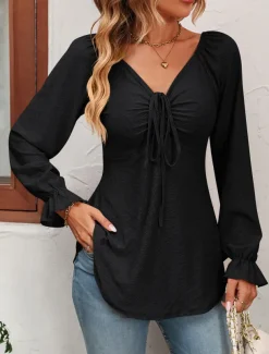 Shirt Blouse Women's Black White Pink Solid / Plain Color Lace up Valentine's Day Daily Fashion V Neck Regular Fit S