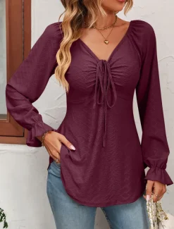 Shirt Blouse Women's Black White Pink Solid / Plain Color Lace up Valentine's Day Daily Fashion V Neck Regular Fit S