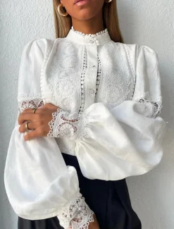 Shirt Blouse Women's White Plain Lace Button Street Daily Fashion Regular Fit Lantern Sleeve S