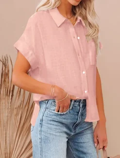 Shirt Cotton Linen Shirts Button Up Blouse Women's Black White Pink Plain Buttons Pocket Street Daily Fashion Shirt Collar Regular Fit S