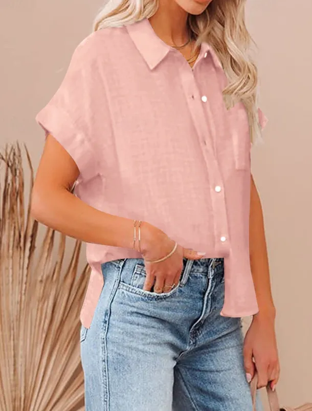 Shirt Cotton Linen Shirts Button Up Blouse Women's Black White Pink Plain Buttons Pocket Street Daily Fashion Shirt Collar Regular Fit S
