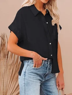 Shirt Cotton Linen Shirts Button Up Blouse Women's Black White Pink Plain Buttons Pocket Street Daily Fashion Shirt Collar Regular Fit S