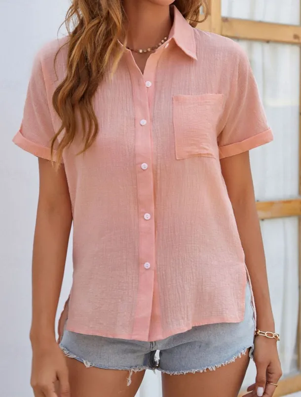 Shirt Cotton Linen Shirts Button Up Blouse Women's Black White Pink Plain Buttons Pocket Street Daily Fashion Shirt Collar Regular Fit S