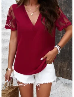 Shirt Lace Shirt Blouse Mesh Patchwork Top Women's White Wine Fuchsia Plain Mesh Street Daily Fashion V Neck Regular Fit S