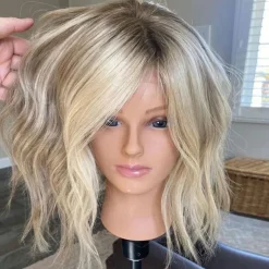Short 100% VirginRemy Human Hair 5x5 Closure 13x4 Lace Front Wig Layered Haircut Brazilian Hair Wavy Blonde Wig Highlighted Colored Hair Natural Hairline Glueless For Women