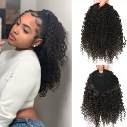 Short Afro Kinky Curly Ponytail Hair Piece for African American Ponytail Extension Synthetic Afro Kinky Curly Ponytail for Women