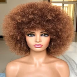 Short Afro Wig with Bangs for Black Women Afro Kinky Curly Wig 70s Premium Synthetic Big Afro Wig