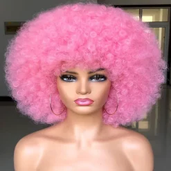 Short Afro Wig with Bangs for Black Women Afro Kinky Curly Wig 70s Premium Synthetic Big Afro Wig