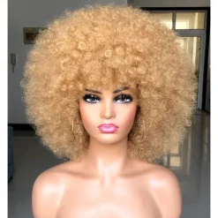 Short Afro Wig with Bangs for Black Women Afro Kinky Curly Wig 70s Premium Synthetic Big Afro Wig Halloween Cosplay Party Wigs