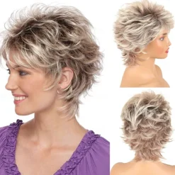 Short Blonde Pixie Cut Wigs with Bangs for White Women,Brown Ombre Blonde Wig Synthetic Wavy Curly Hair Wigs Mixed Brown Wigs Layered Natural Fluffy Heat Resistant