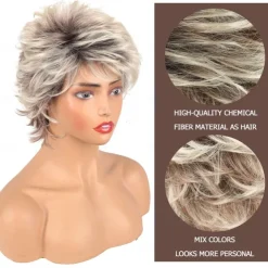 Short Blonde Pixie Cut Wigs with Bangs for White Women,Brown Ombre Blonde Wig Synthetic Wavy Curly Hair Wigs Mixed Brown Wigs Layered Natural Fluffy Heat Resistant