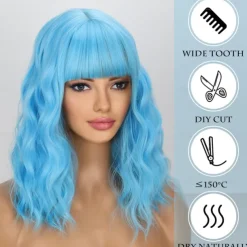 Short Blue Wavy Bob Wigs with Bangs for Women Loose Light Blue Wig Synthetic Shoulder Length Cosplay Wig for Girl Colorful Costume Wigs Halloween Wigs
