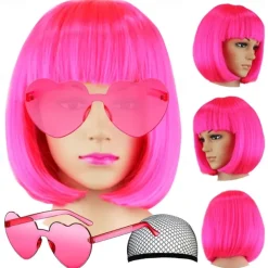 Short Bob Hair Wigs Straight with Flat Bangs Synthetic Colorful Cosplay Daily Party Neon Wig for Women (Only Wigs)