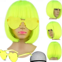 Short Bob Hair Wigs Straight with Flat Bangs Synthetic Colorful Cosplay Daily Party Neon Wig for Women (Only Wigs)