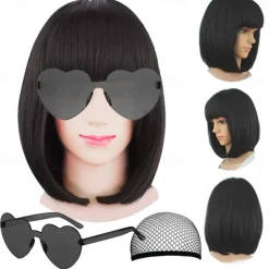 Short Bob Hair Wigs Straight with Flat Bangs Synthetic Colorful Cosplay Daily Party Neon Wig for Women (Only Wigs)