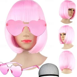 Short Bob Hair Wigs Straight with Flat Bangs Synthetic Colorful Cosplay Daily Party Neon Wig for Women (Only Wigs)