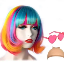 Short Bob Hair Wigs Straight with Flat Bangs Synthetic Colorful Cosplay Daily Party Neon Wig for Women (Only Wigs)