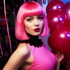 Short Bob Hair Wigs Straight with Flat Bangs Synthetic Colorful Cosplay Daily Party Neon Wig for Women (Only Wigs)