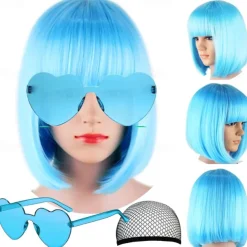 Short Bob Hair Wigs Straight with Flat Bangs Synthetic Colorful Cosplay Daily Party Neon Wig for Women (Only Wigs)