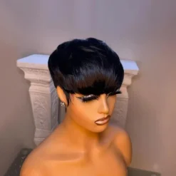 Short Bob Wig Human Hair for Black Women Pixie Cut wigs Human Hair Wig Glueless Wig None Lace Front Wig with Bangs Natural Black Straight Full Machine Made Wig