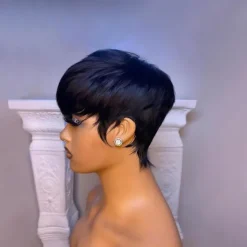 Short Bob Wig Human Hair for Black Women Pixie Cut wigs Human Hair Wig Glueless Wig None Lace Front Wig with Bangs Natural Black Straight Full Machine Made Wig