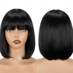 Short Bob Wigs Human Hair 8 Inch Glueless Wear and Go Bob Wig With Bangs Human Hair Wigs for Black Women Human Hair Brazilian Straight Hair None Lace Front Natural Black Wig