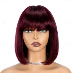 Short Bob Wigs Human Hair 8 Inch Glueless Wear and Go Bob Wig With Bangs Human Hair Wigs for Black Women Human Hair Brazilian Straight Hair None Lace Front Natural Black Wig