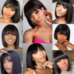 Short Bob Wigs Human Hair 8 Inch Glueless Wear and Go Bob Wig With Bangs Human Hair Wigs for Black Women Human Hair Brazilian Straight Hair None Lace Front Natural Black Wig
