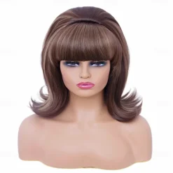 Short Brown Mixed Wig with Bang Retro Bouffant Beehive Wigs fits 80s Costume or Carnival Party Halloween Wigs