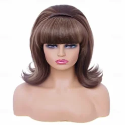 Short Brown Mixed Wig with Bang Retro Bouffant Beehive Wigs fits 80s Costume or Carnival Party Halloween Wigs