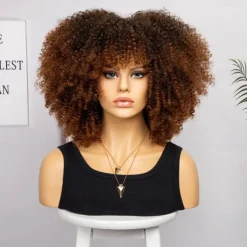 Short Curly Afro Wigs with Bangs for Black Women Brown Afro Kinky Curly Wigs for Black Women Synthetic Heat Resistant Fluffy Brown Wigs Halloween Cosplay Party Wigs
